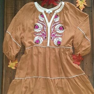 NWT Entro Caramel Embroidered Mini Tunic Dress